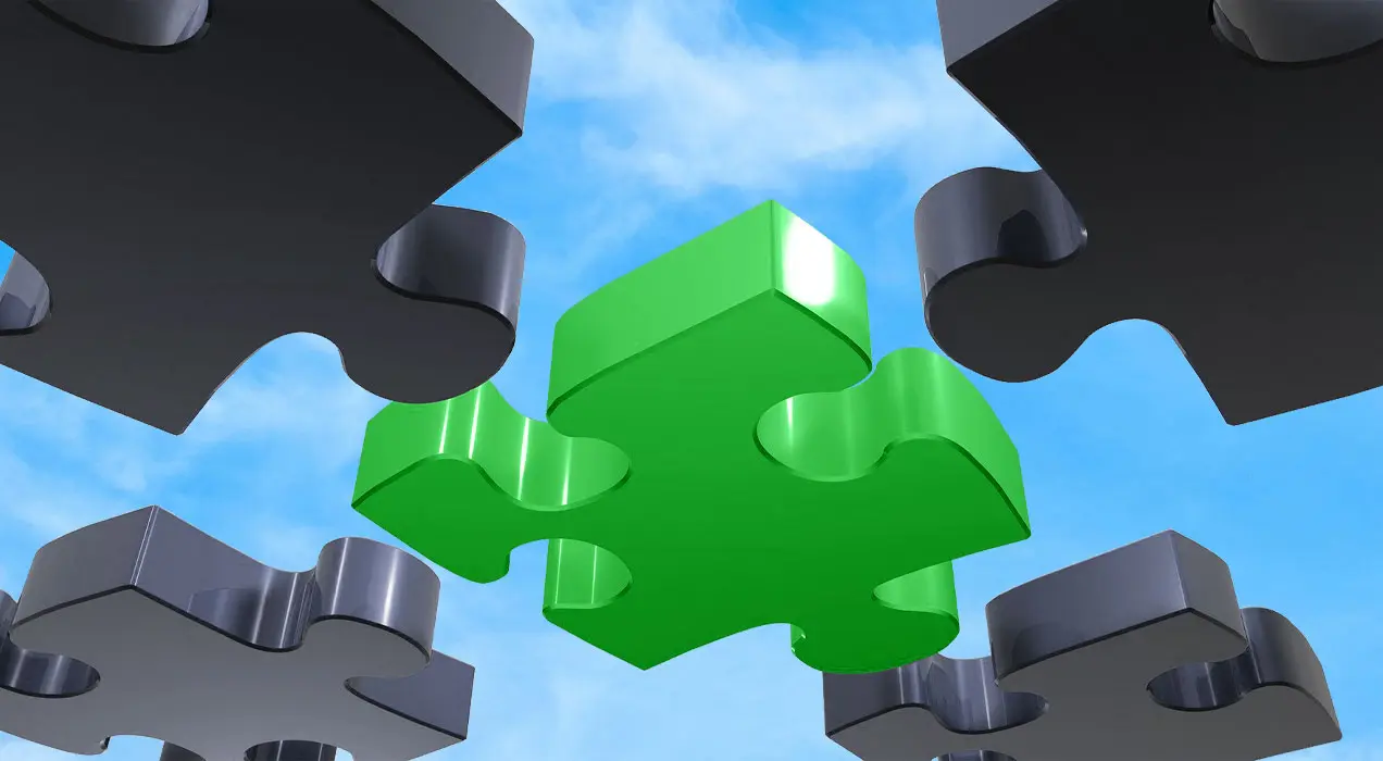 Jigsaw pieces, representing client platforms, ready to be connected to jigsaw piece, representing RefTech API