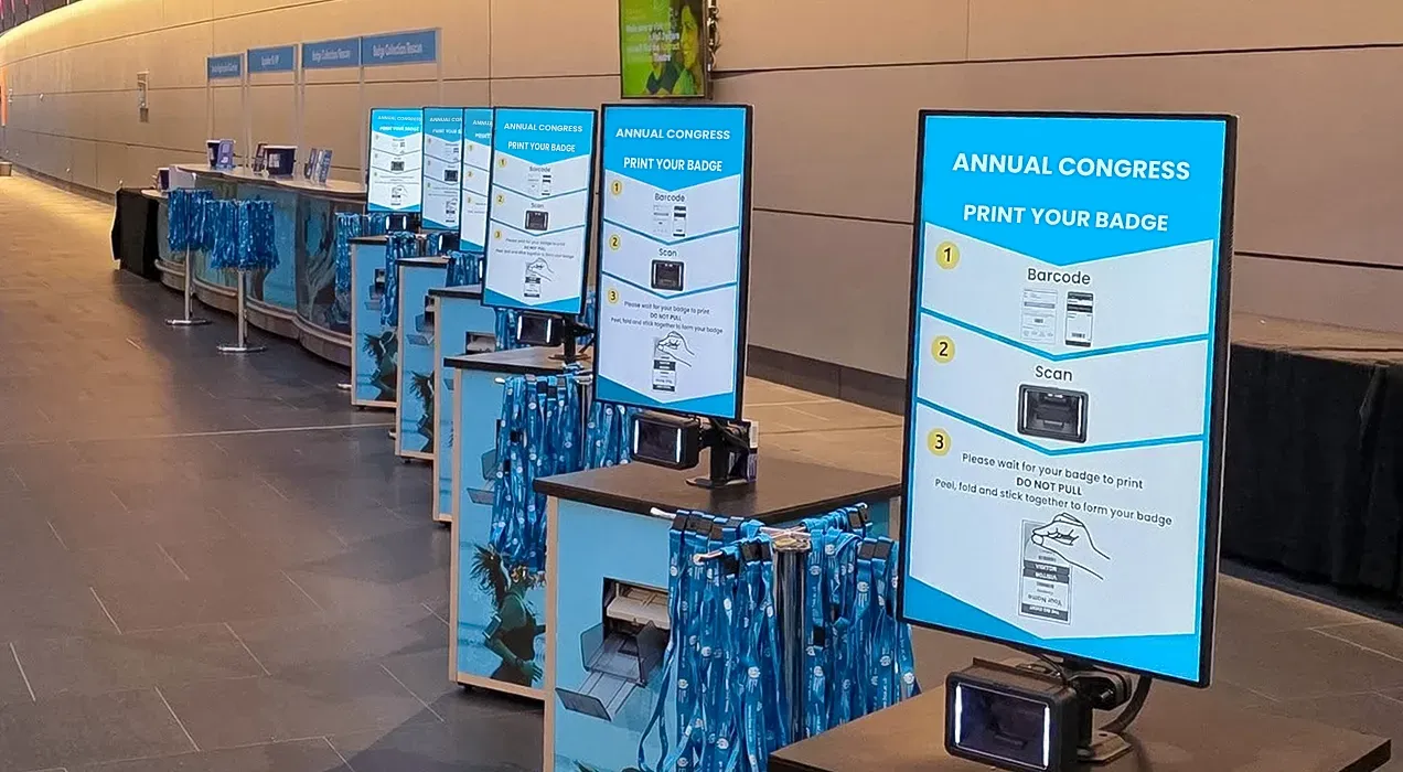Row of PrintPods at the entrance to an event