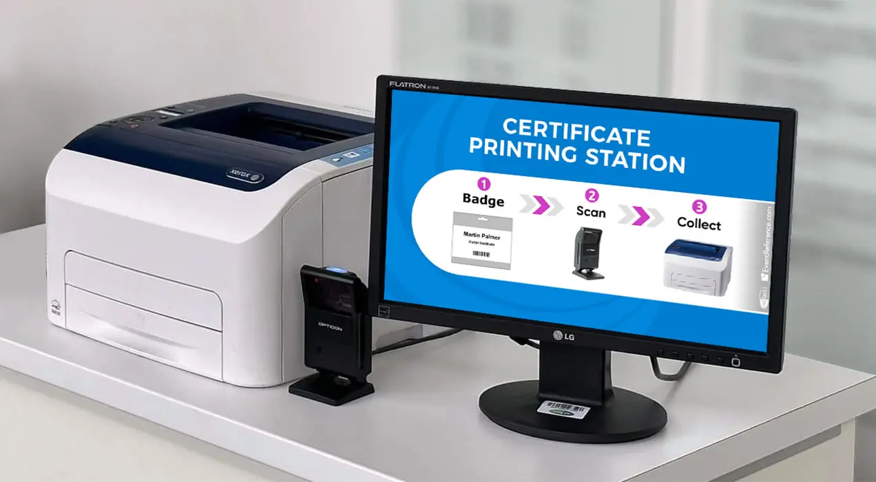 Badge scanning and printing station