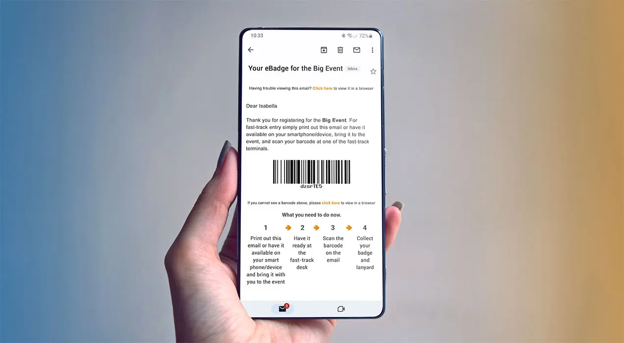 E-badge on mobile device ready to scan and print badge