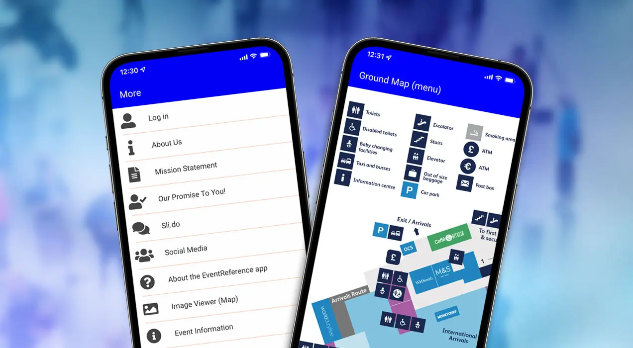 Event Reference Mobile app menu and ground map