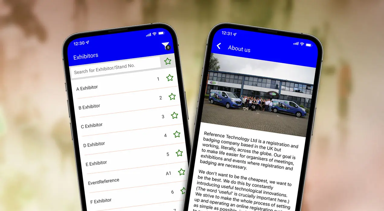Event app showing exhibitors and 'About us' section
