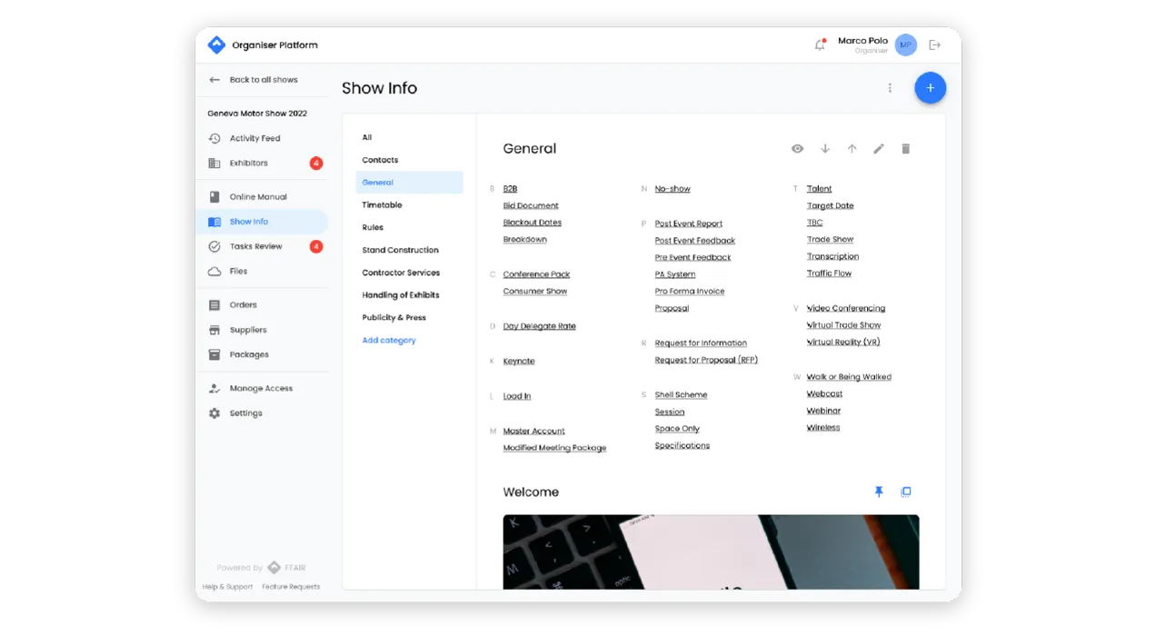 The exhibitor manual menu
