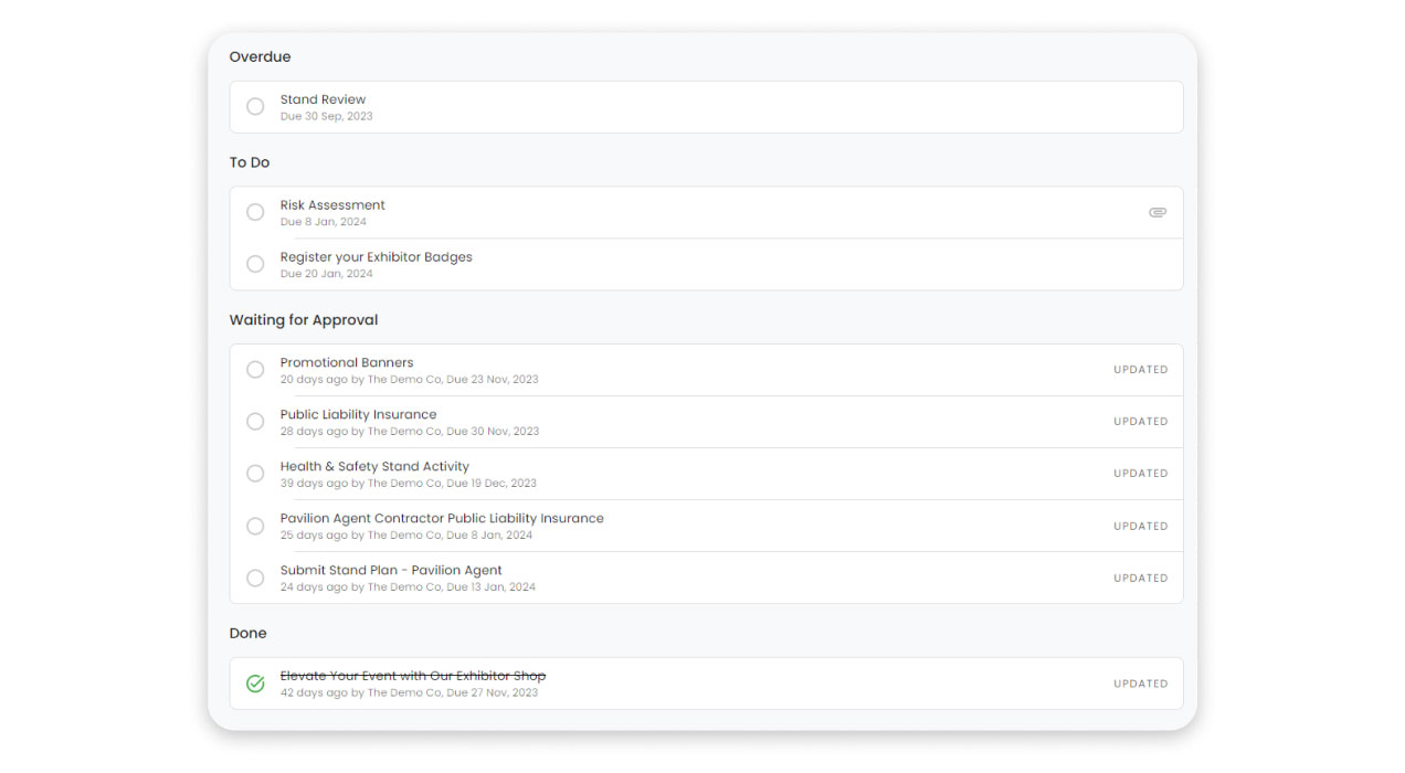 Custom task list showing overdue, to do, waiting for approval, and done