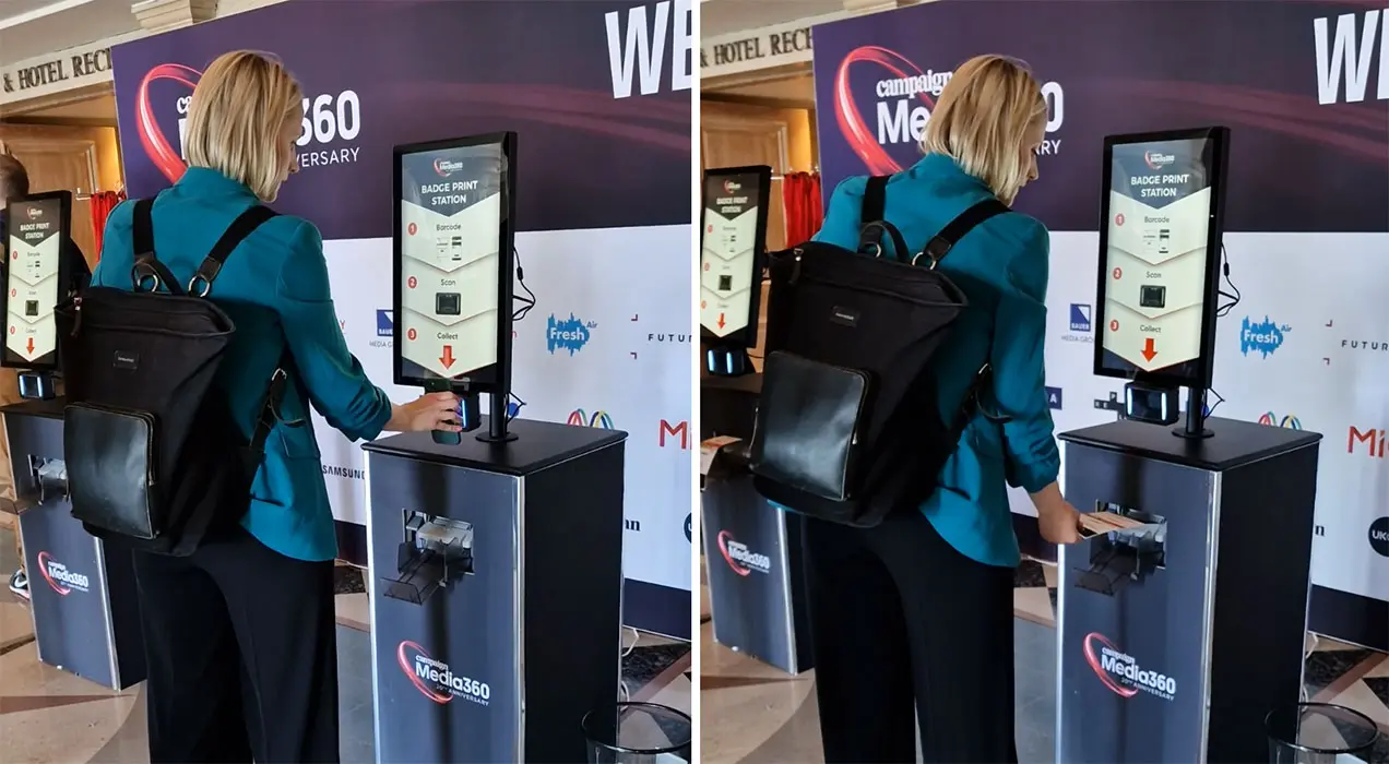 Person collecting badge from a Printpod